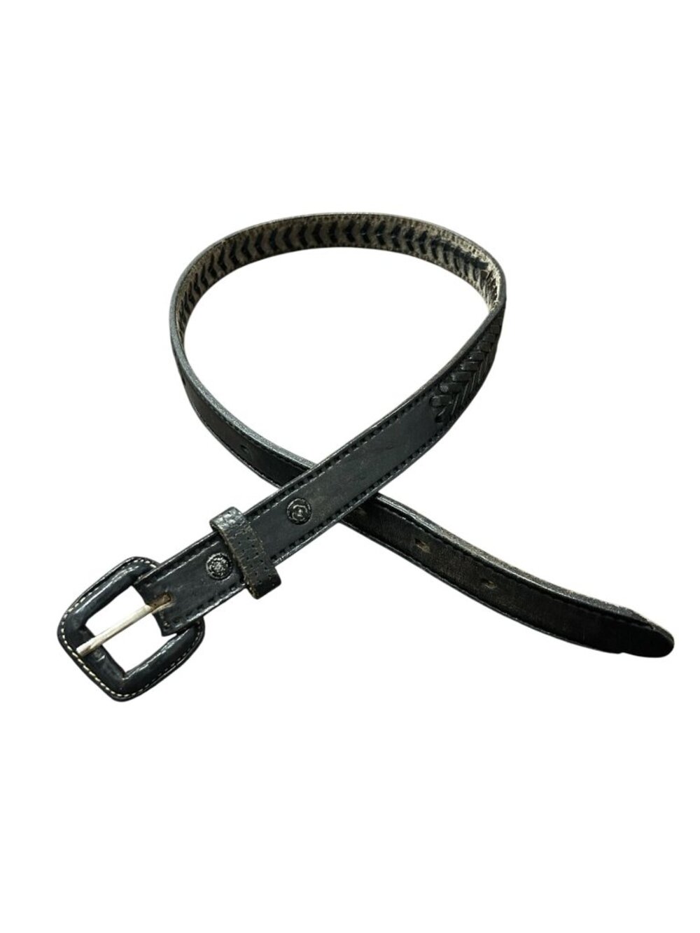 Vintage 32 Black Leather Belt Braided Design Metal Buckle Retro Heritage Style